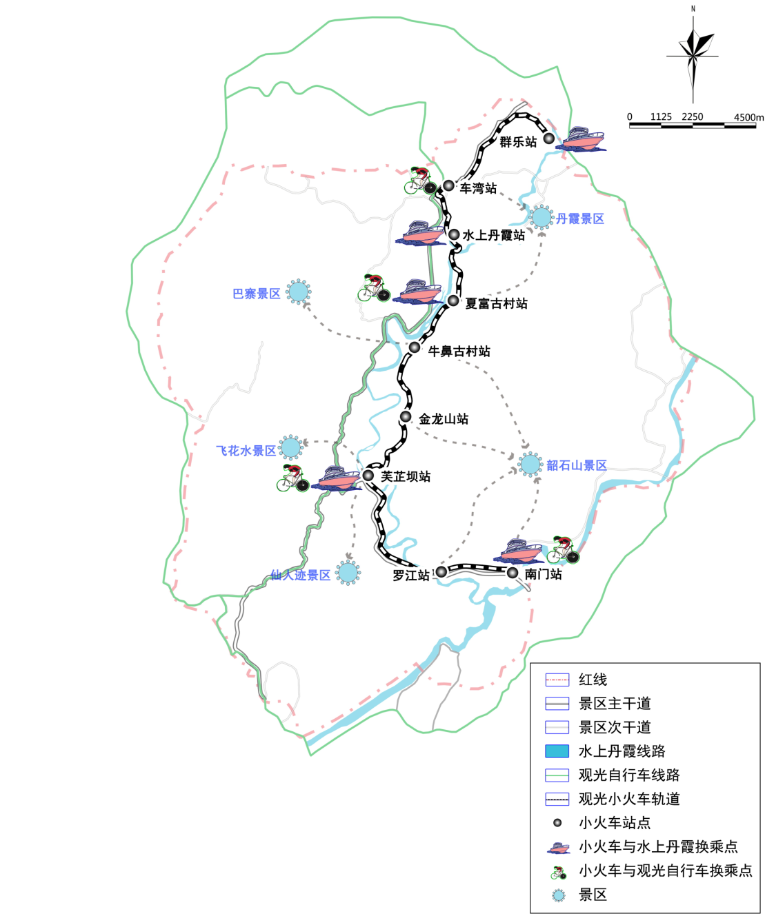 四级资源:包含当地土特产、遍在性植被、一般性地质地貌景观等,是丹霞山优势资源的有益补充。 总体定位:丹霞之心 总体战略:以丹霞山风景资源为依托,以现代服务业为主体、三大产业联动发展的生态旅游产业园;世界级旅游度假区,国家级生态旅游示范区,广东省山水生态旅游产业的龙头园区;韶关市综合性旅游产业基地。创造具有国际示范意义的丹霞山地旅游轨道交通游憩带 核心创意:一核两带三节点五段